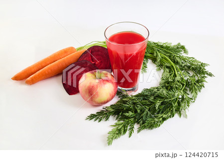 ABC juice. Healthy Juice. A glass of juice with apple, carrot, beetroot 124420715