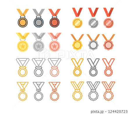 Flat Icon of Gold, Silver, and Bronze Medal, Vector Illustration Flat Icon of Gold, Silver, and Bronze Medal, Vector Illustration 124420723