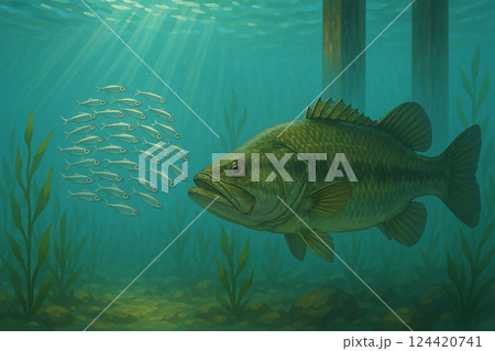 桟橋に隠れて小魚を狙っているブラックバス 桟橋に隠れて小魚を狙っているブラックバス 124420741