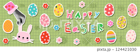 Cute Easter vector banner, background with eggs, flowers and hand in halftone collage style holding a pink bunny face Cute Easter vector banner, background with eggs, flowers and hand in halftone collage style holding a pink bunny face 124421030