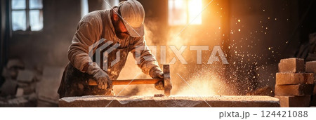 Sculptor shaping stone statue with hammer and chisel in workshop with sunlight shining through 124421088