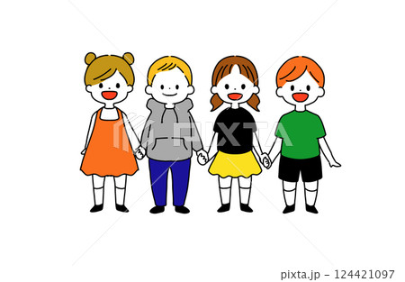 手を繋いでいる子ども達　線画 124421097