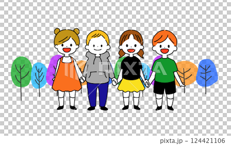 Children holding hands under a tree 124421106