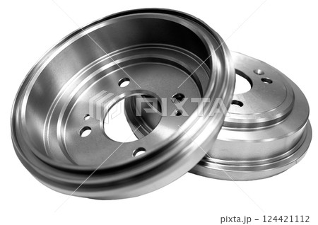 New car brake drums on white background New car brake drums on white background 124421112
