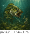 岩の多いフィールドでベイトを捕食するブラックバス 124421192
