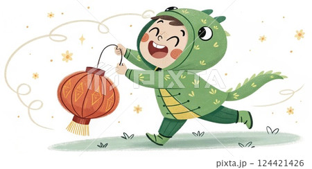 Playful Pose A cheerful child in a vibrant green s costume coiled playfully around a festive lantern with a big smile and sparkling eyes.. Playful Pose A cheerful child in a vibrant green s costume coiled playfully around a festive lantern with a big smile and sparkling eyes.. 124421426