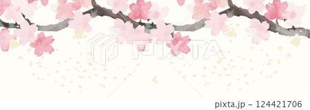 春　バナー　フレーム　桜　さくら　サクラ　お花見　水彩　和風　背景　デザイン　テンプレート　イラスト 124421706