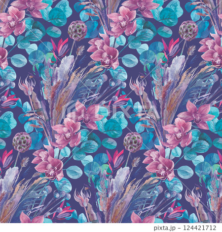 watercolor seamless pattern with orchids and dried flowers on a dark blue background 124421712