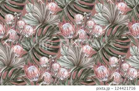 seamless pattern with dried protea flowers and monstera leaves on a brown background  124421716