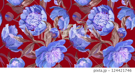 Botanical seamless pattern with peonies and sakura branches drawn in gouache Botanical seamless pattern with peonies and sakura branches drawn in gouache 124421746
