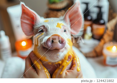 Spa delight whimsical tribute to National Pig Day in United States, highlighting a charming pig indulging in pampering on March 1st, reflecting the playful and affectionate spirit of the occasion 124421802
