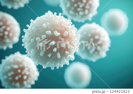 Cellular defense: leukocytes under a microscope, showcasing their critical role in immune system, highlighting intricate structures and processes that protect body from infections and diseases 124421823