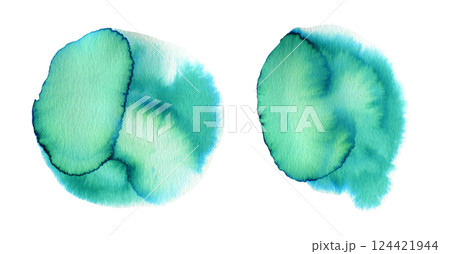 Artistic emerald green and turquoise blue gradient liquid watercolor round shapes set. Vibrant aquamarine watercolour textured circle stains for abstract background, nature botanical concept Artistic emerald green and turquoise blue gradient liquid watercolor round shapes set. Vibrant aquamarine watercolour textured circle stains for abstract background, nature botanical concept 124421944