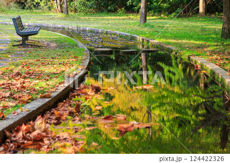 紅葉を映す水路の側にあるベンチ 124422326