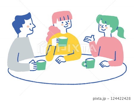 カフェで話しながらコーヒーを飲む3人_色 カフェで話しながらコーヒーを飲む3人_色 124422428