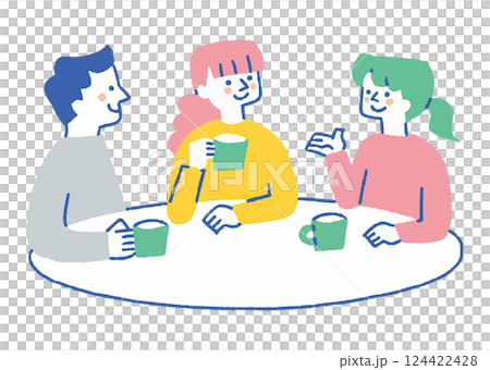 三個人在咖啡館邊喝咖啡邊聊天_顏色 124422428