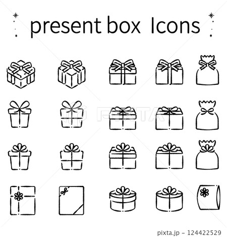線画手書き風のシンプルなプレゼントボックスアイコン　モノトーンセット 124422529