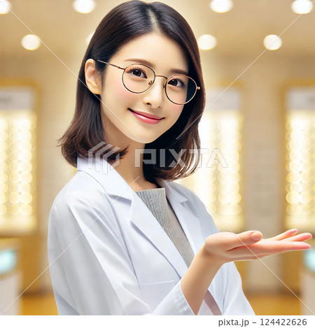 メガネ店にて「こちらへどうぞ」と案内する女性スタッフ 124422626