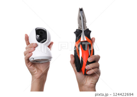 PNG,Video surveillance camera with pliers, isolated on white background PNG,Video surveillance camera with pliers, isolated on white background 124422694