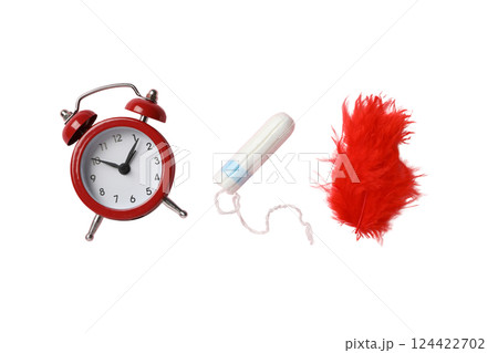 Feminine hygiene and menstruation, Feminine hygiene items: red alarm clock, tampon, and red feather, isolated on white, PNG Feminine hygiene and menstruation, Feminine hygiene items: red alarm clock, tampon, and red feather, isolated on white, PNG 124422702