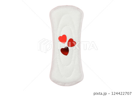 Feminine hygiene and menstruation, Colorful hearts on feminine hygiene products for awareness, isolated on white, PNG 124422707