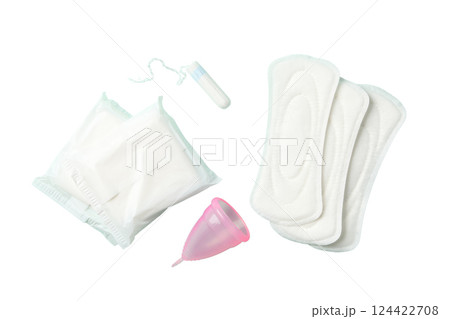 Feminine hygiene and menstruation, Feminine hygiene items: pads, tampons, and cups, isolated on white, PNG Feminine hygiene and menstruation, Feminine hygiene items: pads, tampons, and cups, isolated on white, PNG 124422708