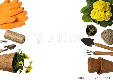 Gardening gloves, tools, and flowers are organized in a top view space for planting, isolated on white, PNG Gardening gloves, tools, and flowers are organized in a top view space for planting, isolated on white, PNG 124422724