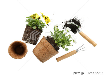Gardening, Colorful potted flowers and gardening tools are displayed on a clean, white space, isolated on white, PNG 124422733