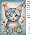 子猫と蝶々やお花のボタニカルイラストアート 124422816