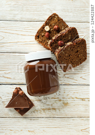 Morning food concept - tasty bread with chocolate pasta 124422887
