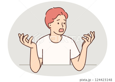 Nervous man throws up hands and opens mouth wide screaming and swearing having heard bad news Nervous man throws up hands and opens mouth wide screaming and swearing having heard bad news 124423148