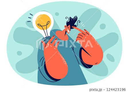 Smiling man with lightbulb develop ideas Smiling man with lightbulb develop ideas 124423196