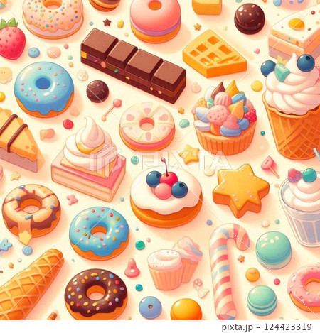 カラフルな洋菓子のイラスト カラフルな洋菓子のイラスト 124423319