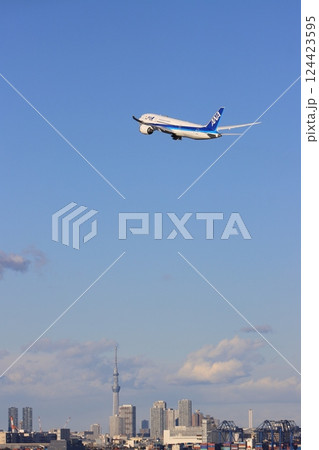 離陸、上昇する旅客機 東京スカイツリーを背景に離陸するANA機 離陸、上昇する旅客機 東京スカイツリーを背景に離陸するANA機 124423595