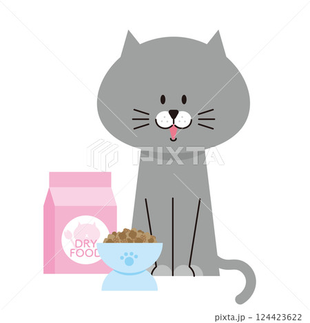 ドライキャットフードを出されたグレーの猫のイラスト 124423622