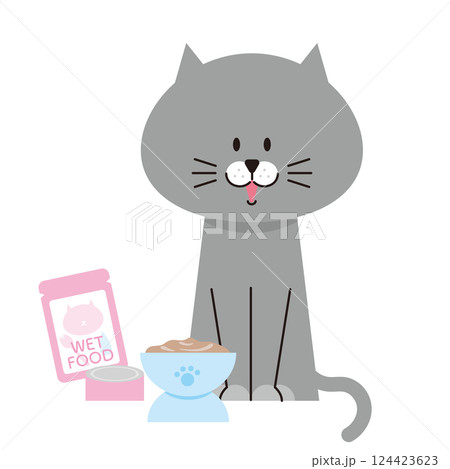 ウエットキャットフードを出されたグレーの猫のイラスト 124423623