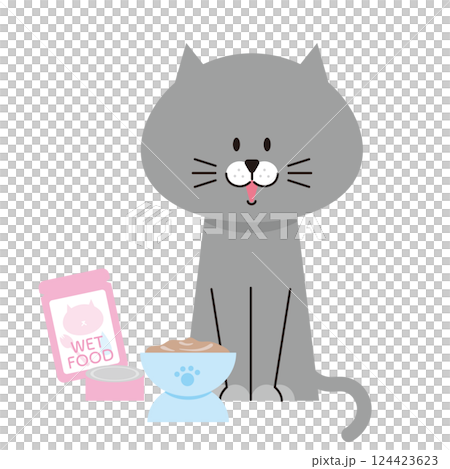 一隻灰貓正在吃濕貓糧的插圖 124423623