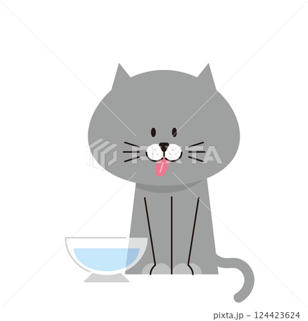 水を飲もうと舌を出すグレーの猫のイラスト 水を飲もうと舌を出すグレーの猫のイラスト 124423624