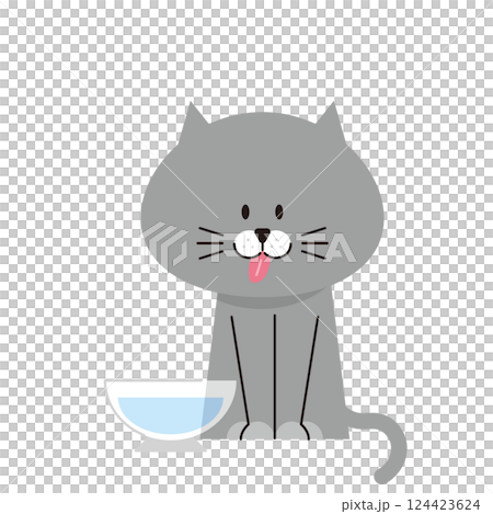 一隻灰貓伸出舌頭喝水的插圖 124423624