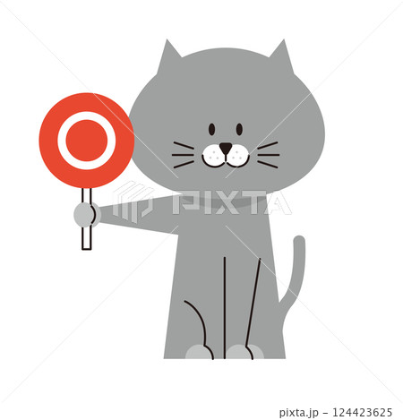 マルの札を持ったグレーの猫のイラスト マルの札を持ったグレーの猫のイラスト 124423625