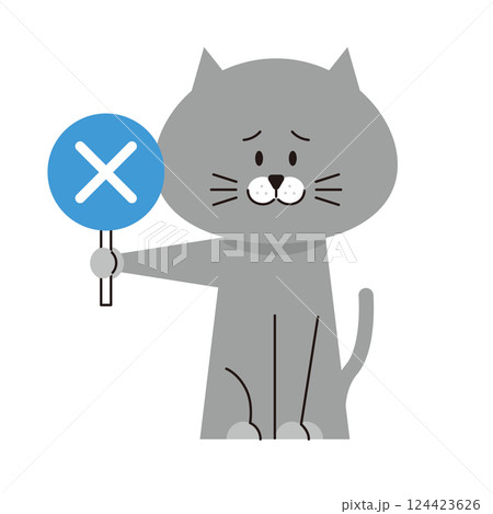 バツの札を持ったグレーの猫のイラスト バツの札を持ったグレーの猫のイラスト 124423626