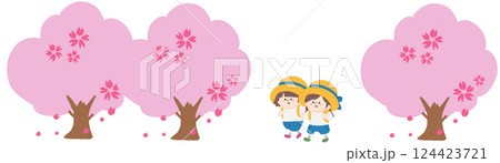 桜並木を手を繋いで歩いている男の子と女の子のイラスト 124423721