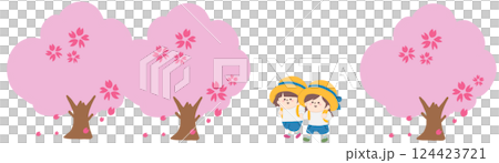 桜並木を手を繋いで歩いている男の子と女の子のイラスト 124423721