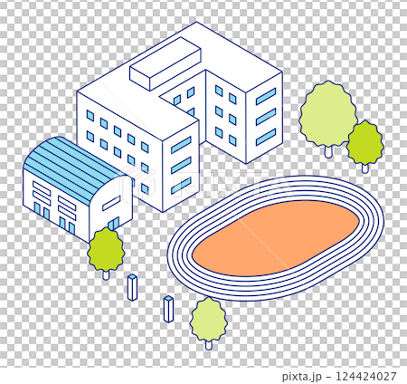 アイソメトリックの学校のイラスト。3Dの校舎、体育館、陸上競技場、校庭。 124424027