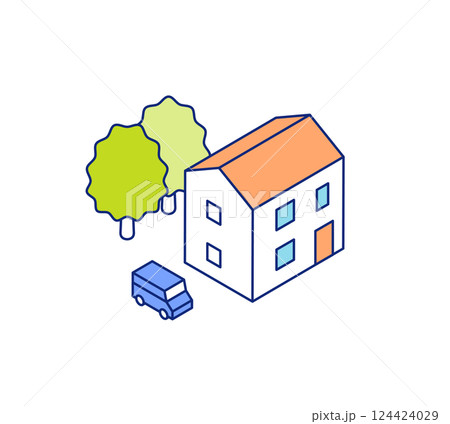 アイソメトリックの家イラスト。駐車場のある一戸建ての住まい。 124424029
