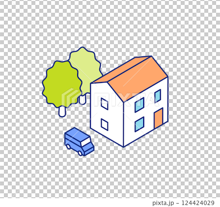 アイソメトリックの家イラスト。駐車場のある一戸建ての住まい。 124424029