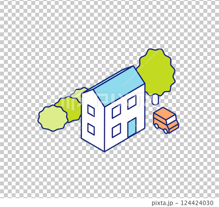 Isometric house illustration. Detached house with parking space. 124424030