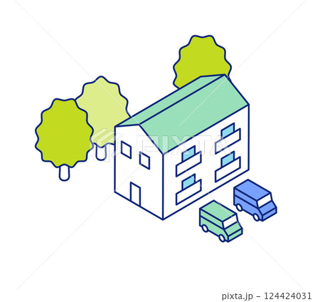 アイソメトリックの家イラスト。駐車場のある一戸建ての住まい。 124424031