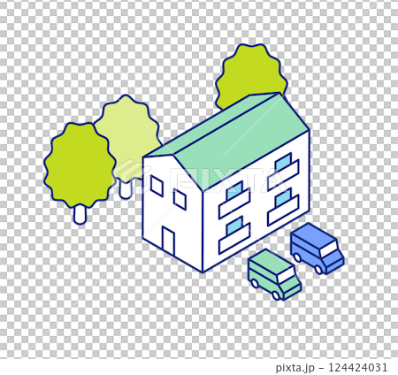 アイソメトリックの家イラスト。駐車場のある一戸建ての住まい。 124424031