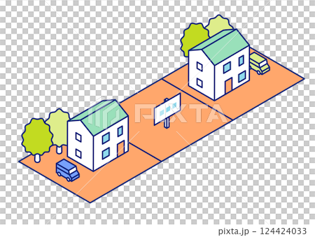 待售住宅區、分區和土地的等距插圖。空置的住宅用地正在出售和行銷。 124424033